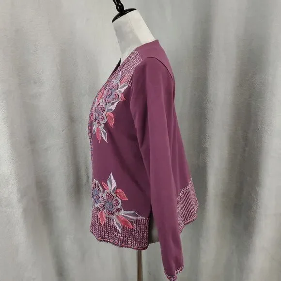 Soft Surroundings Cardigan Jacket Womens Small Purple Blazer Embroidered Flowers - Picture 4 of 13